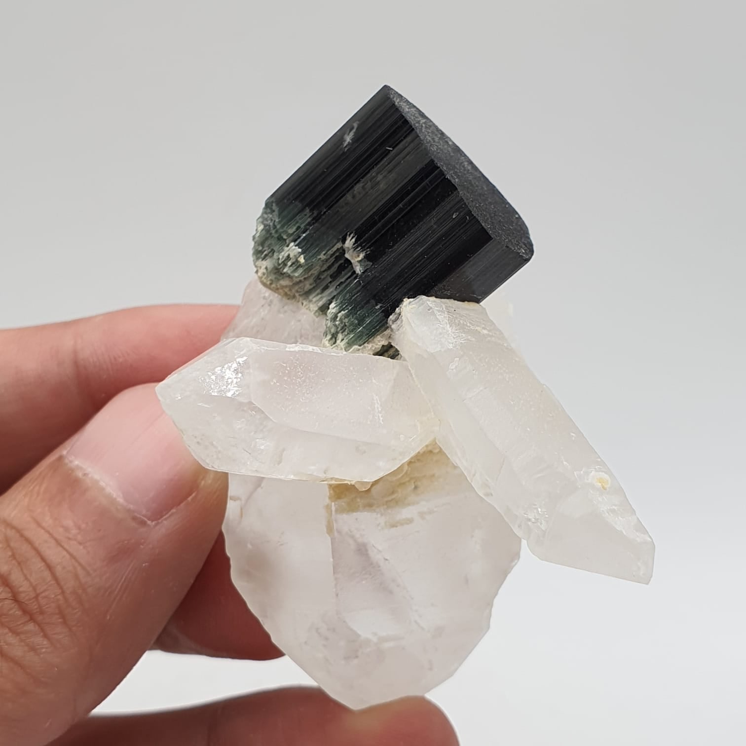 Green Cap Schorl Crystal On Double Terminated Quartz