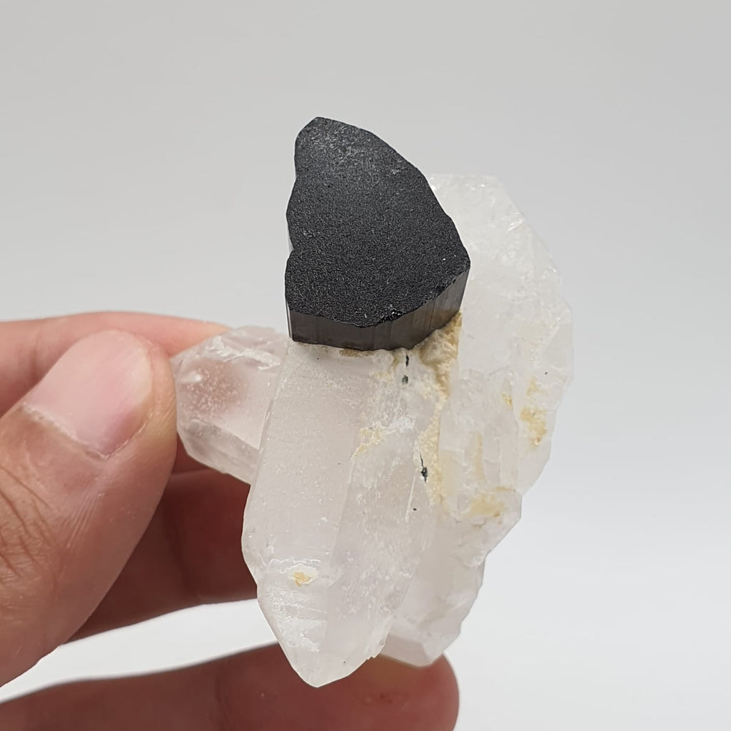 Green Cap Schorl Crystal On Double Terminated Quartz