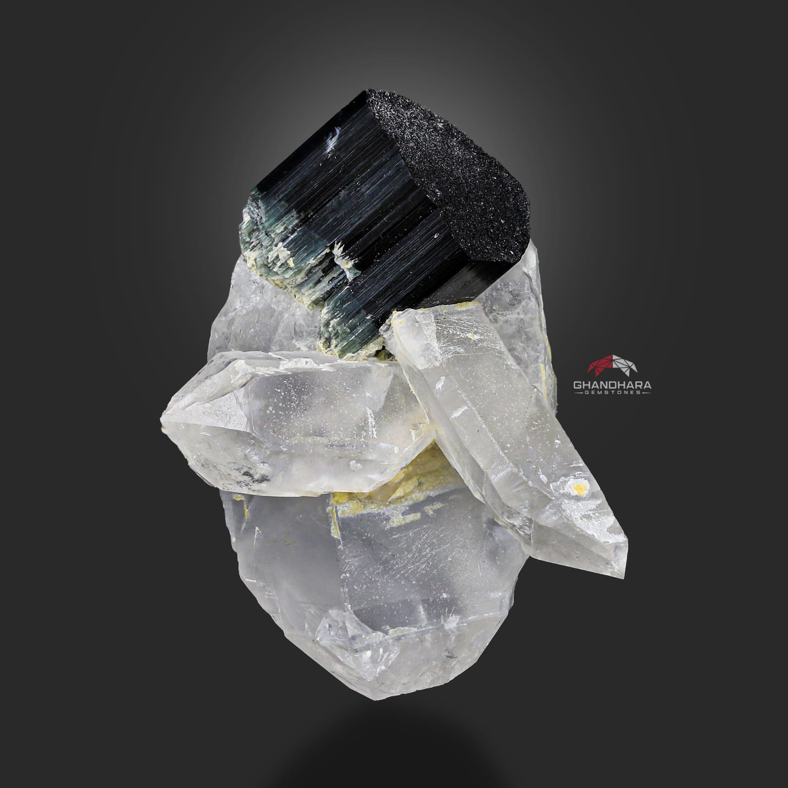 Green Cap Schorl Crystal On Double Terminated Quartz