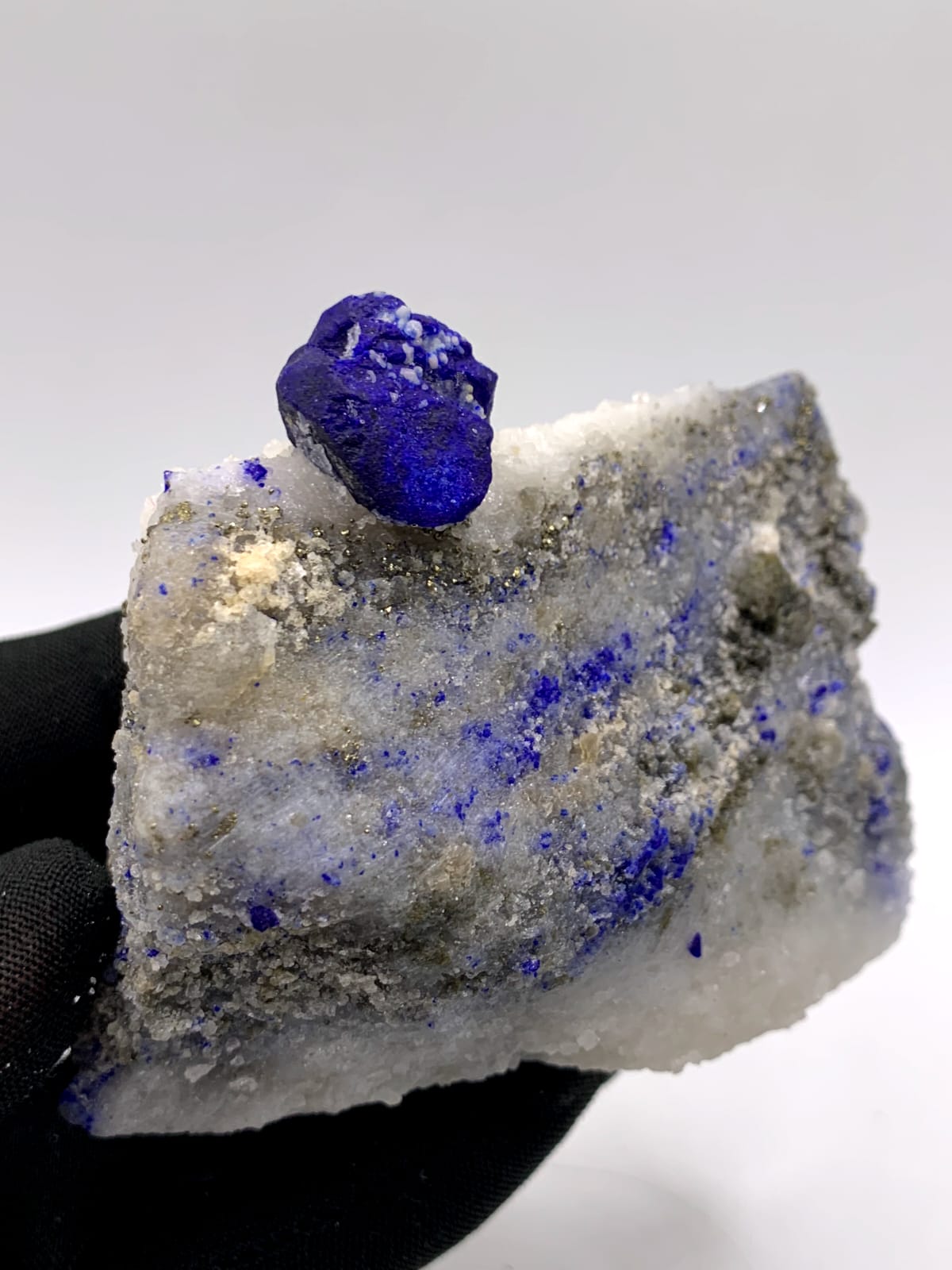 Isomatric Lazurite Crystal Nicely Perched On Calcite With Pyrite