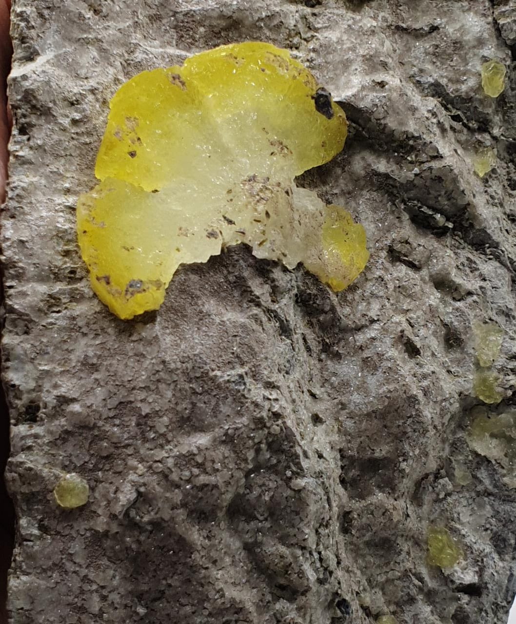 Lemon-Yellow Brucite Crystals On Silvery White Chromite Matrix