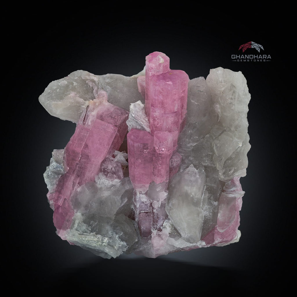 Lighter Pink Elongated Tourmaline Crystals Nicely Arranged on Smokey Quartz