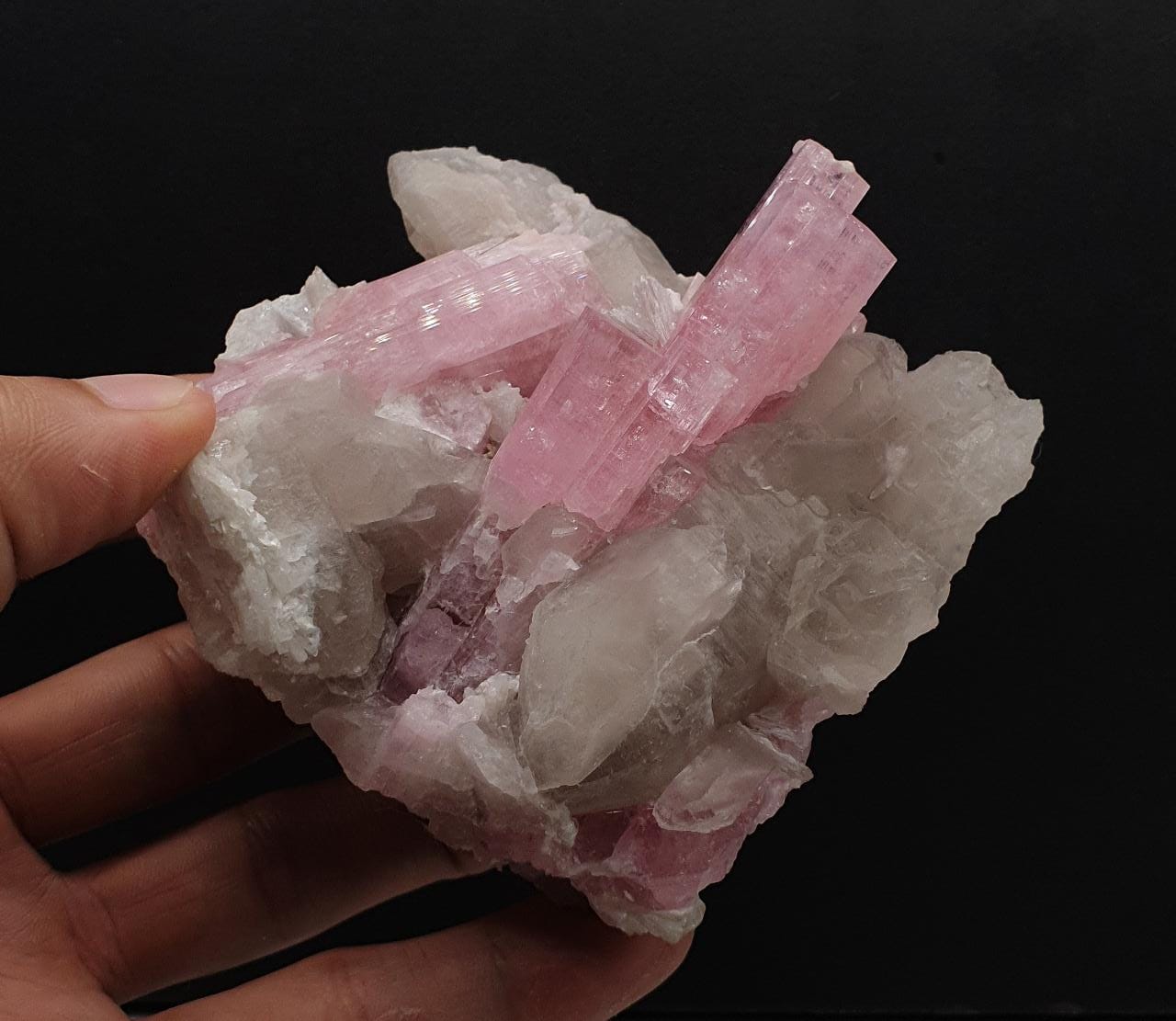Lighter Pink Elongated Tourmaline Crystals Nicely Arranged on Smokey Quartz