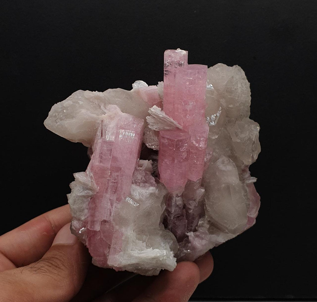 Lighter Pink Elongated Tourmaline Crystals Nicely Arranged on Smokey Quartz
