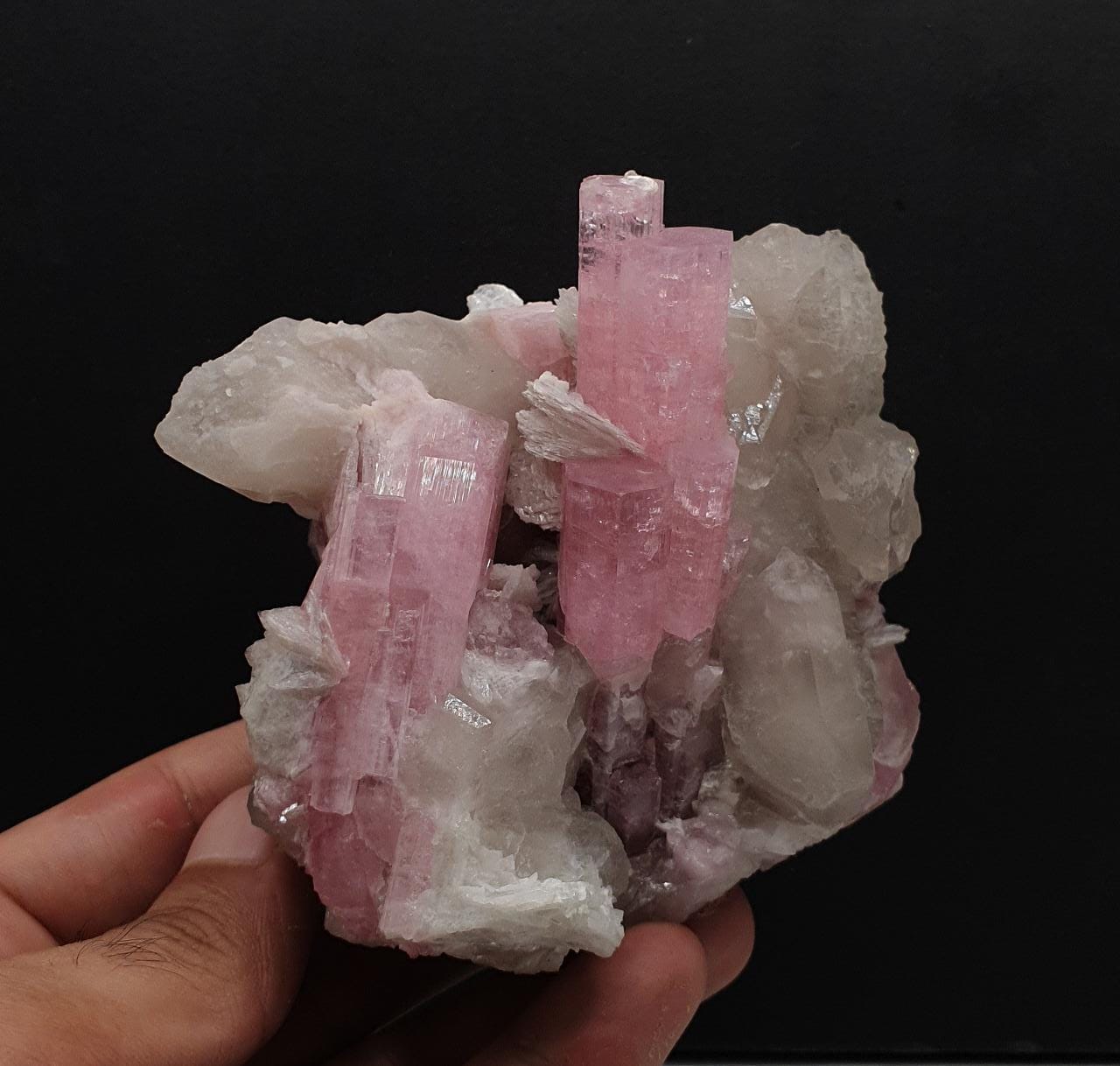 Lighter Pink Elongated Tourmaline Crystals Nicely Arranged on Smokey Quartz