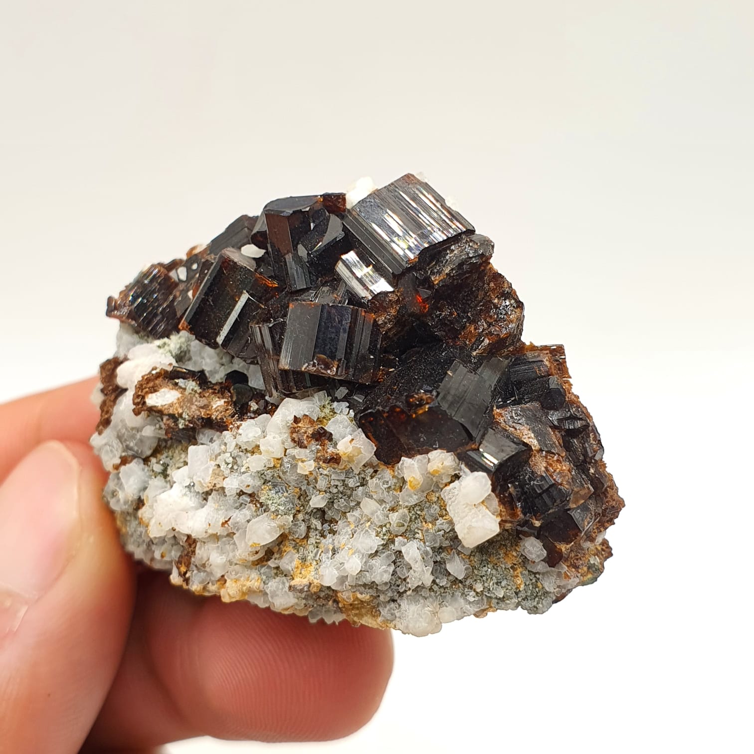 Luster Intergrown Crystals Of Vesuvianite On Contrasting White Matrix
