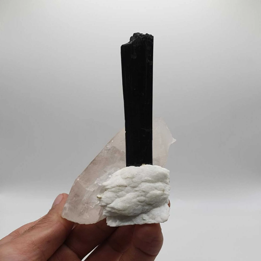 Lovely Elongated Schorl Standing tall on Smokey Quartz with Cleavelandite