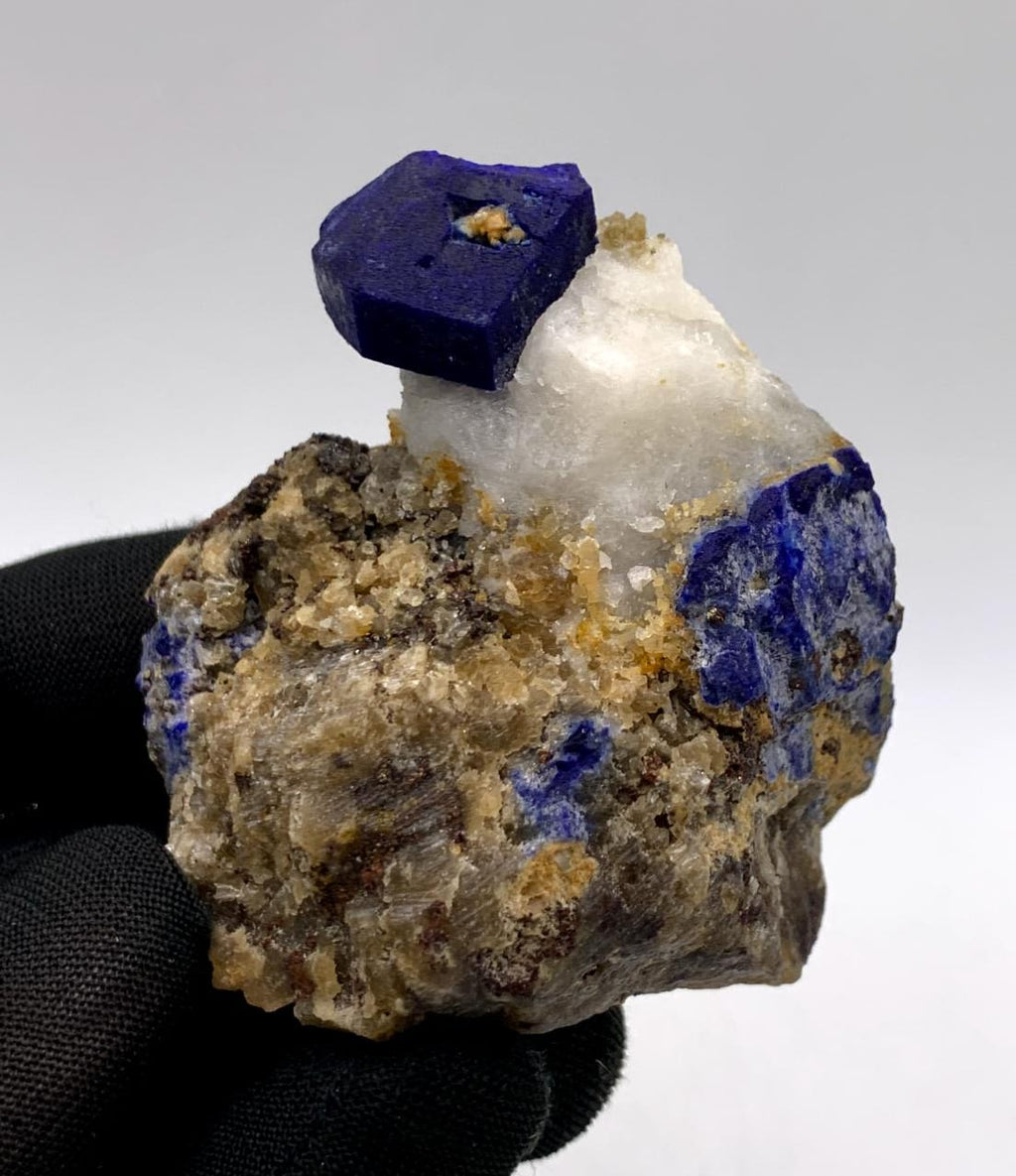 Lovely Lazurite Crystal Nicely Perched On Calcite With Pyrite