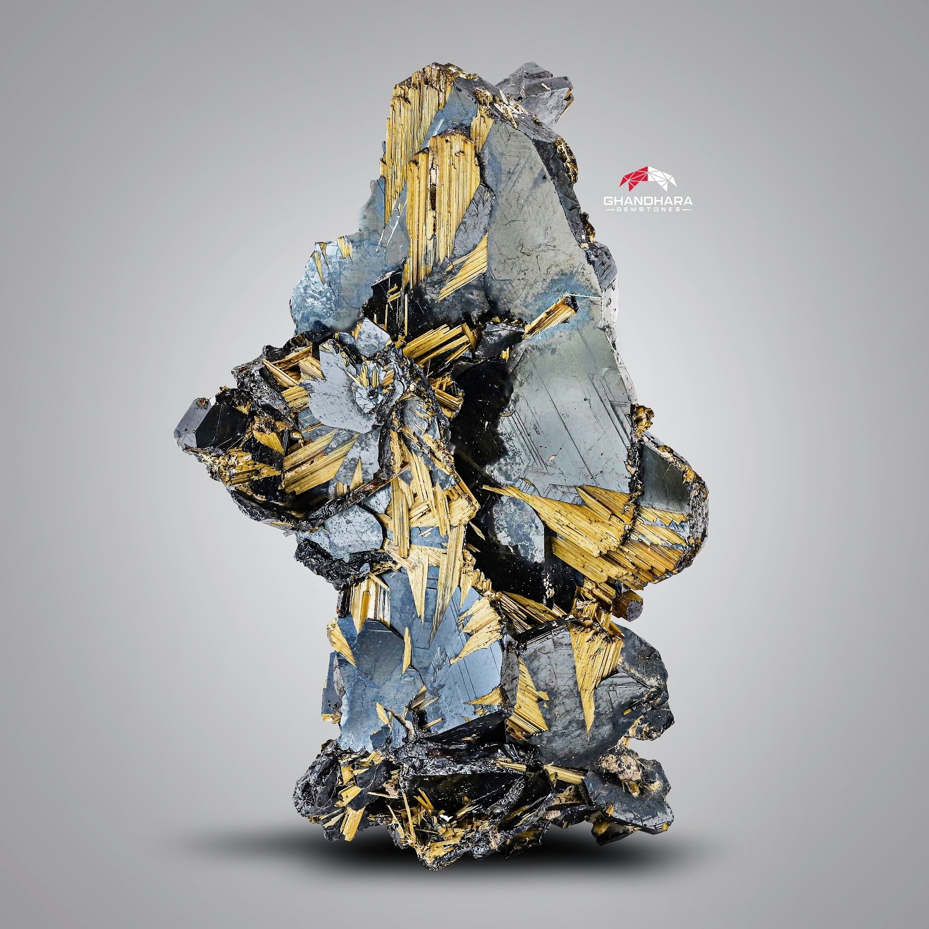 Lovely Metallic Cluster Of Ilmenite Crystals With Bright Golden Rutile Needles