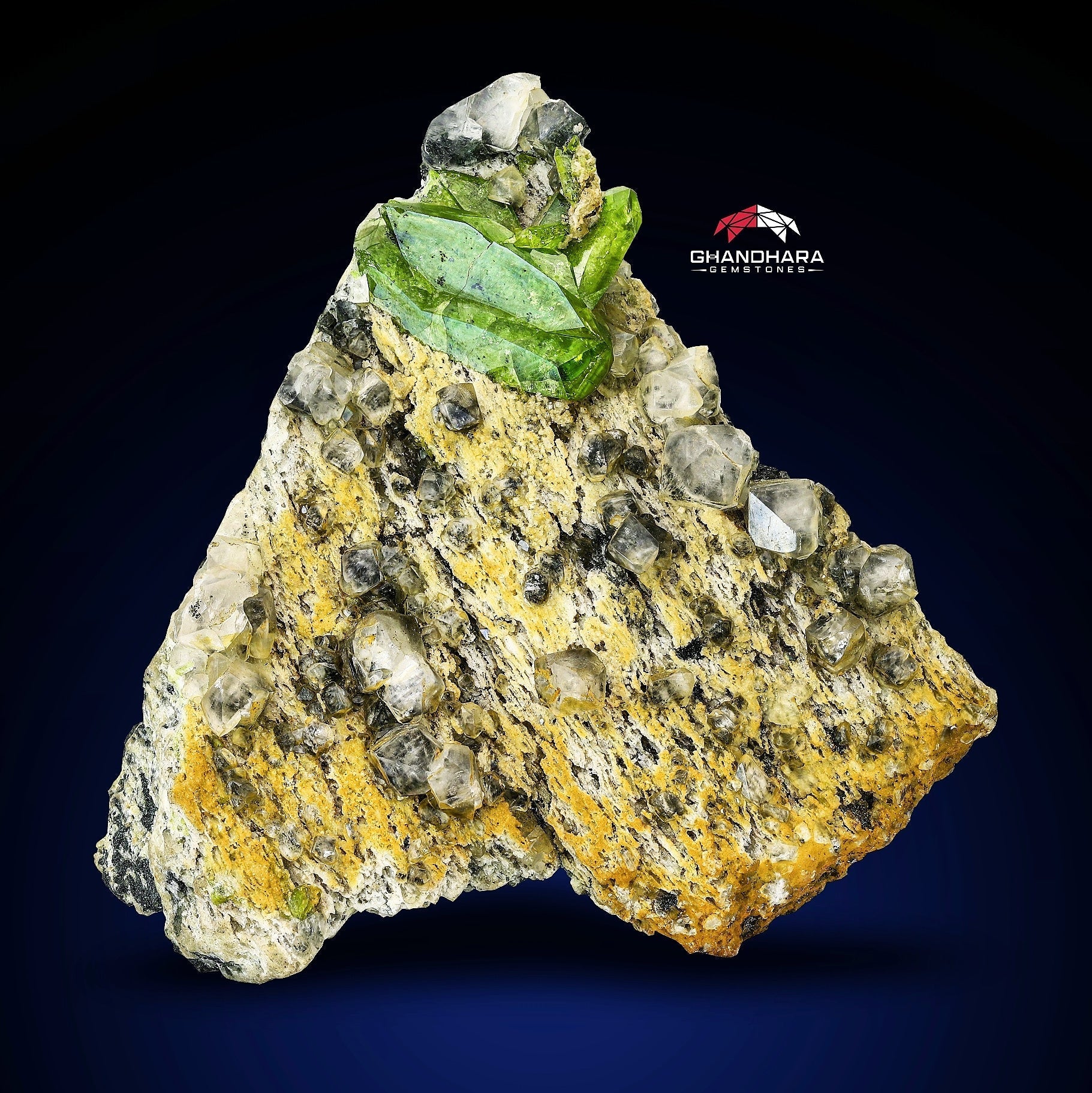 Lusterious Gem Twinned Apple-Green Color Crystal Of Sphene On Matrix With Calcite