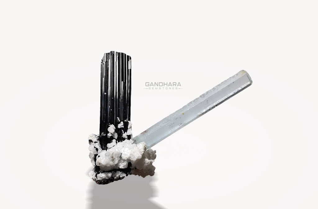 Lustrous Schorl Crystal with Aquamarine on Albite