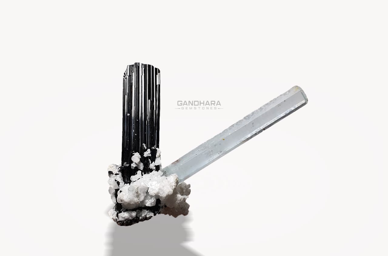 Lustrous Schorl Crystal with Aquamarine on Albite