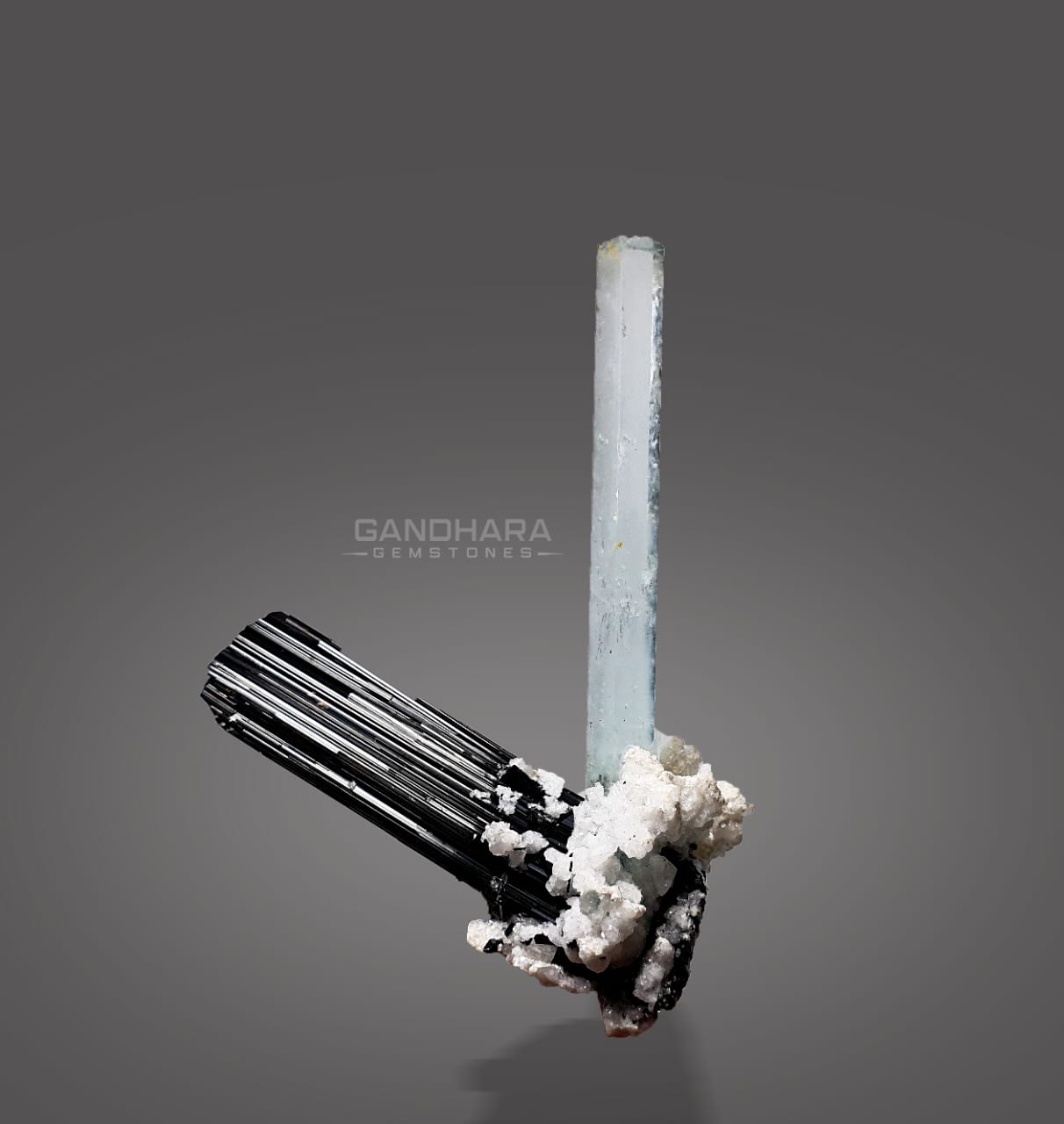 Lustrous Schorl Crystal with Aquamarine on Albite