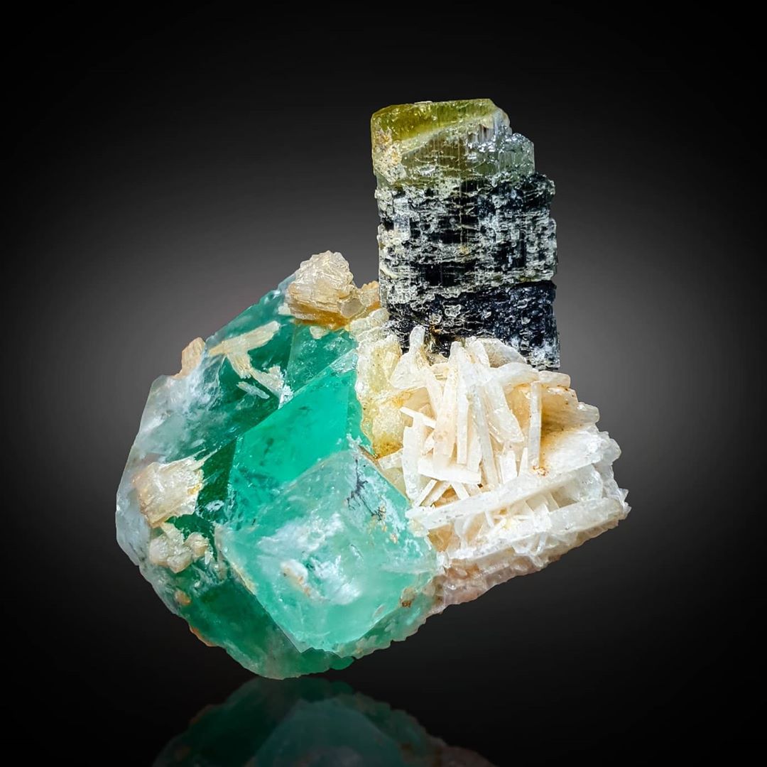 75 Grams Mint Green Fluorite with Tourmaline on White Albite