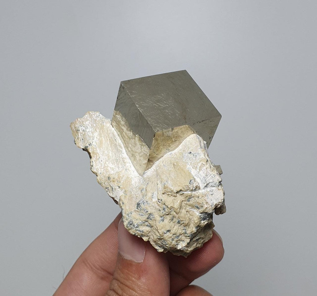 Perfect and Metallic Pyrite Cube Nicely Perched on Marl Matrix