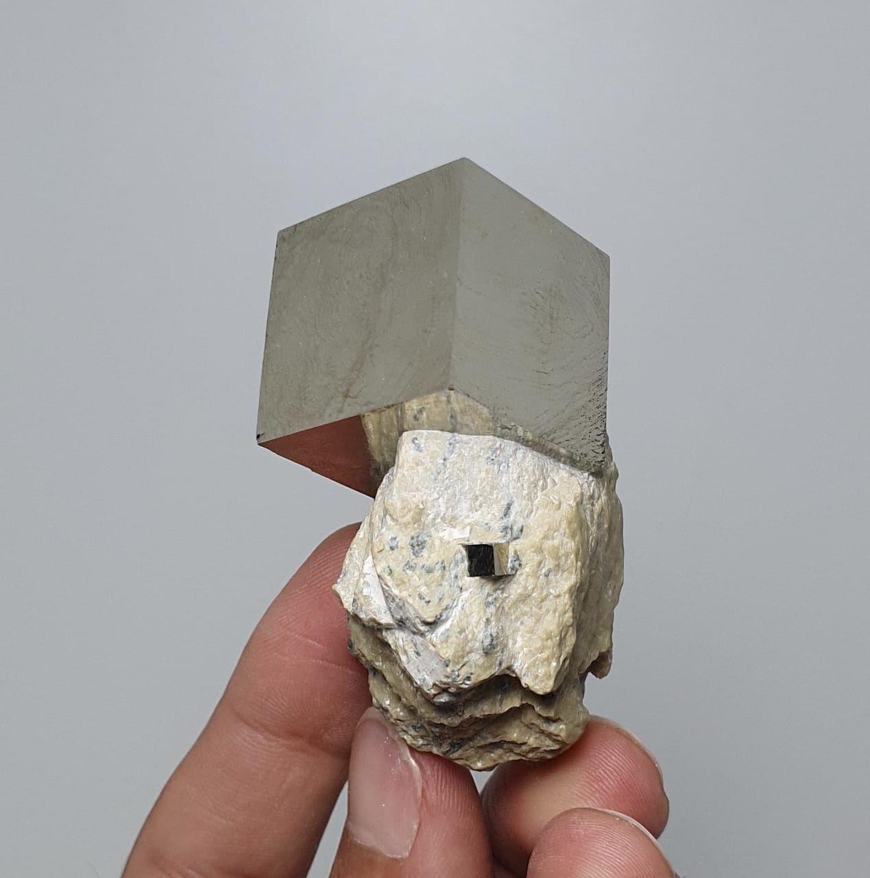 Perfect and Metallic Pyrite Cube Nicely Perched on Marl Matrix