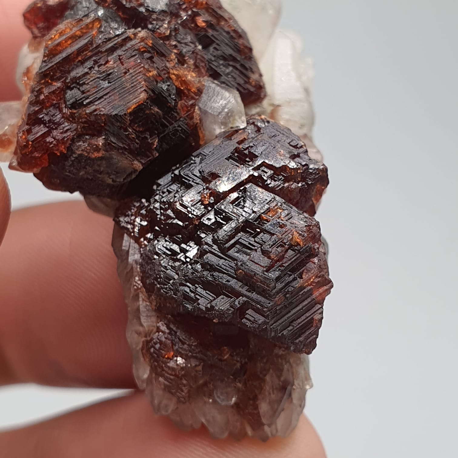 Red Spessartine Garnet Crystals On Quartz