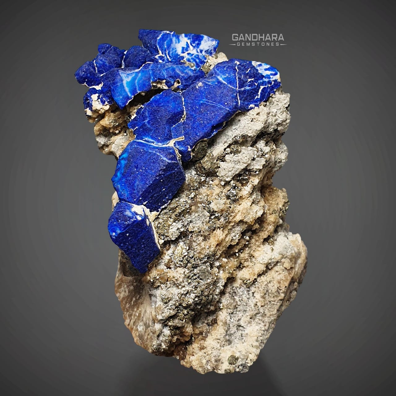 217 Grams Robust Blue Lazurite Crystals on Calcite with Pyrite