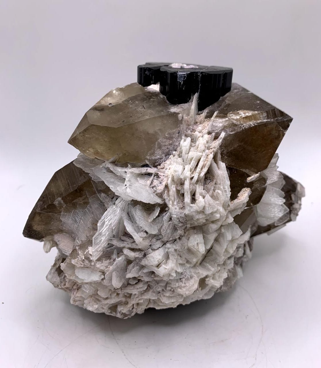 Schorl On Smoky Quartz With Cleavelandite And Lepidolite