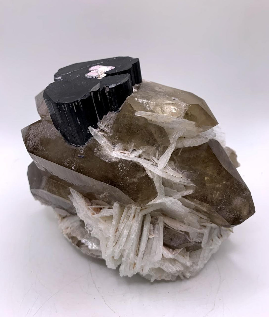 Schorl On Smoky Quartz With Cleavelandite And Lepidolite