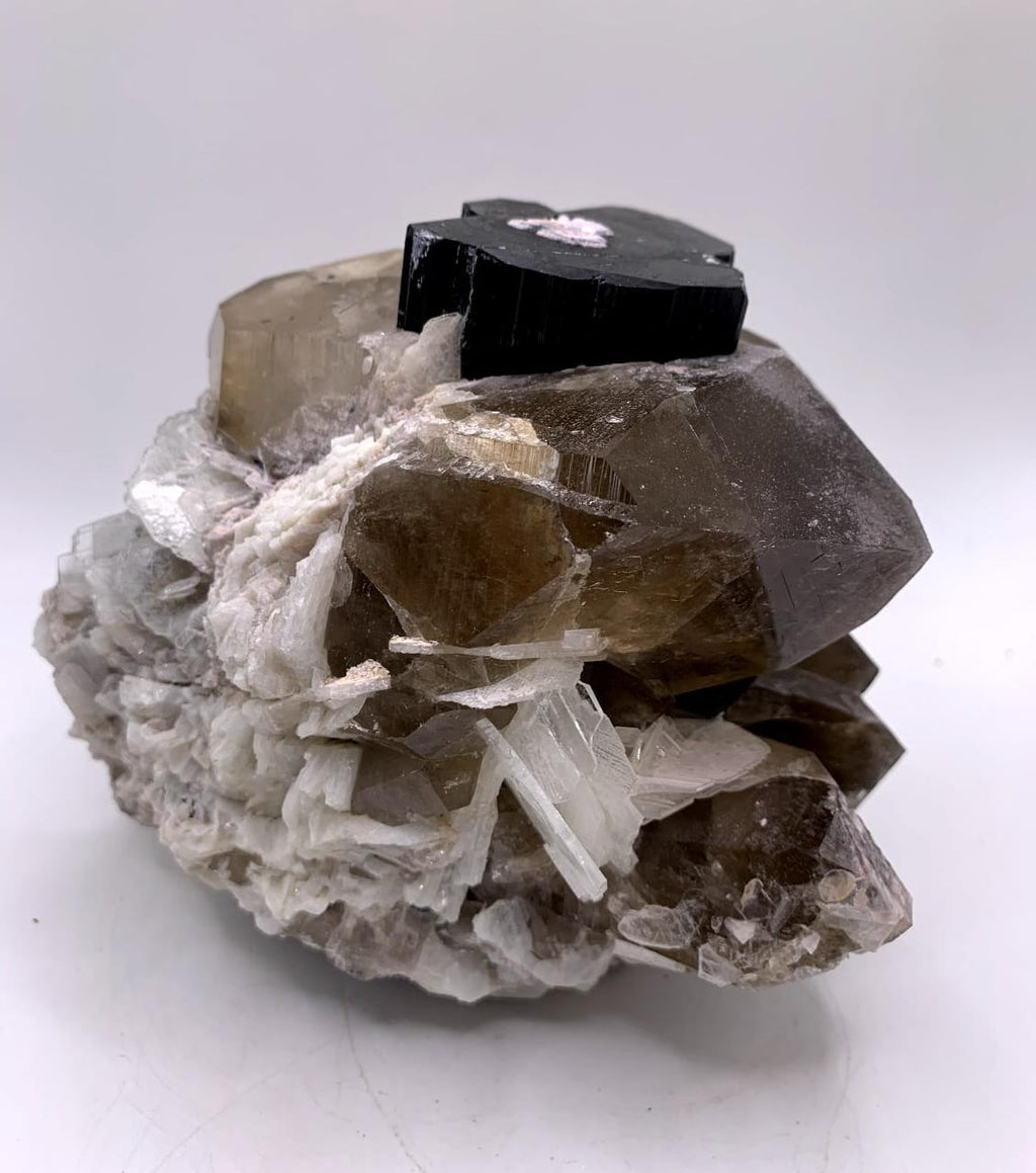 Schorl On Smoky Quartz With Cleavelandite And Lepidolite