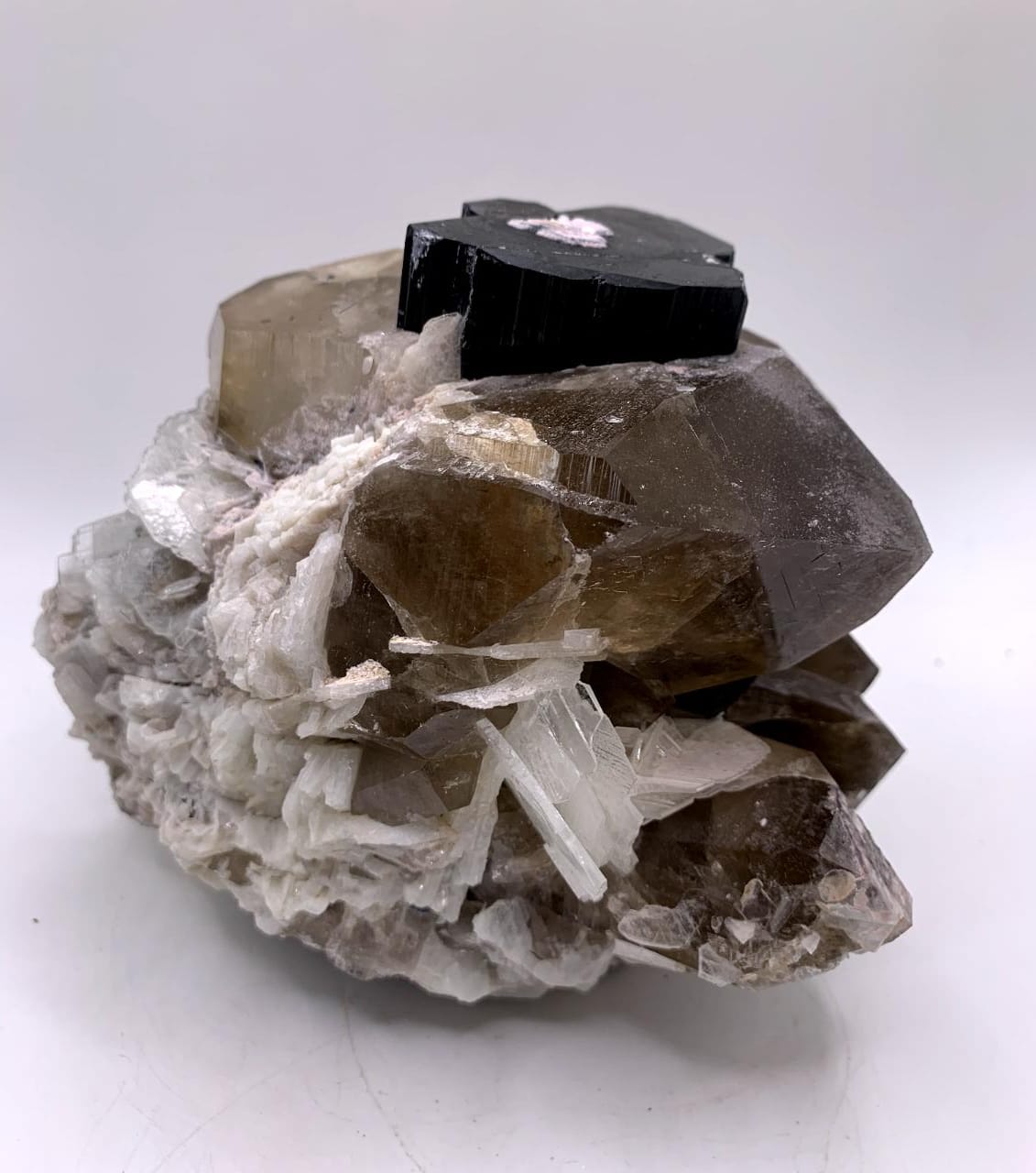 Schorl On Smoky Quartz With Cleavelandite And Lepidolite