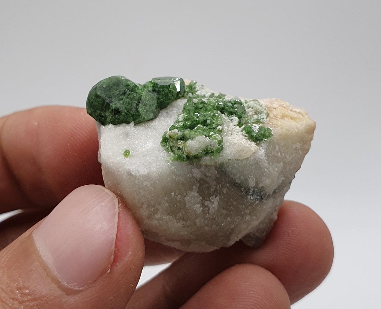 Stubby Rounded Terminated Uvite Crystals on Calcite
