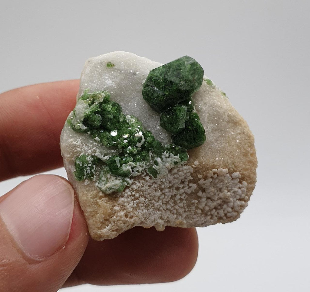 Stubby Rounded Terminated Uvite Crystals on Calcite