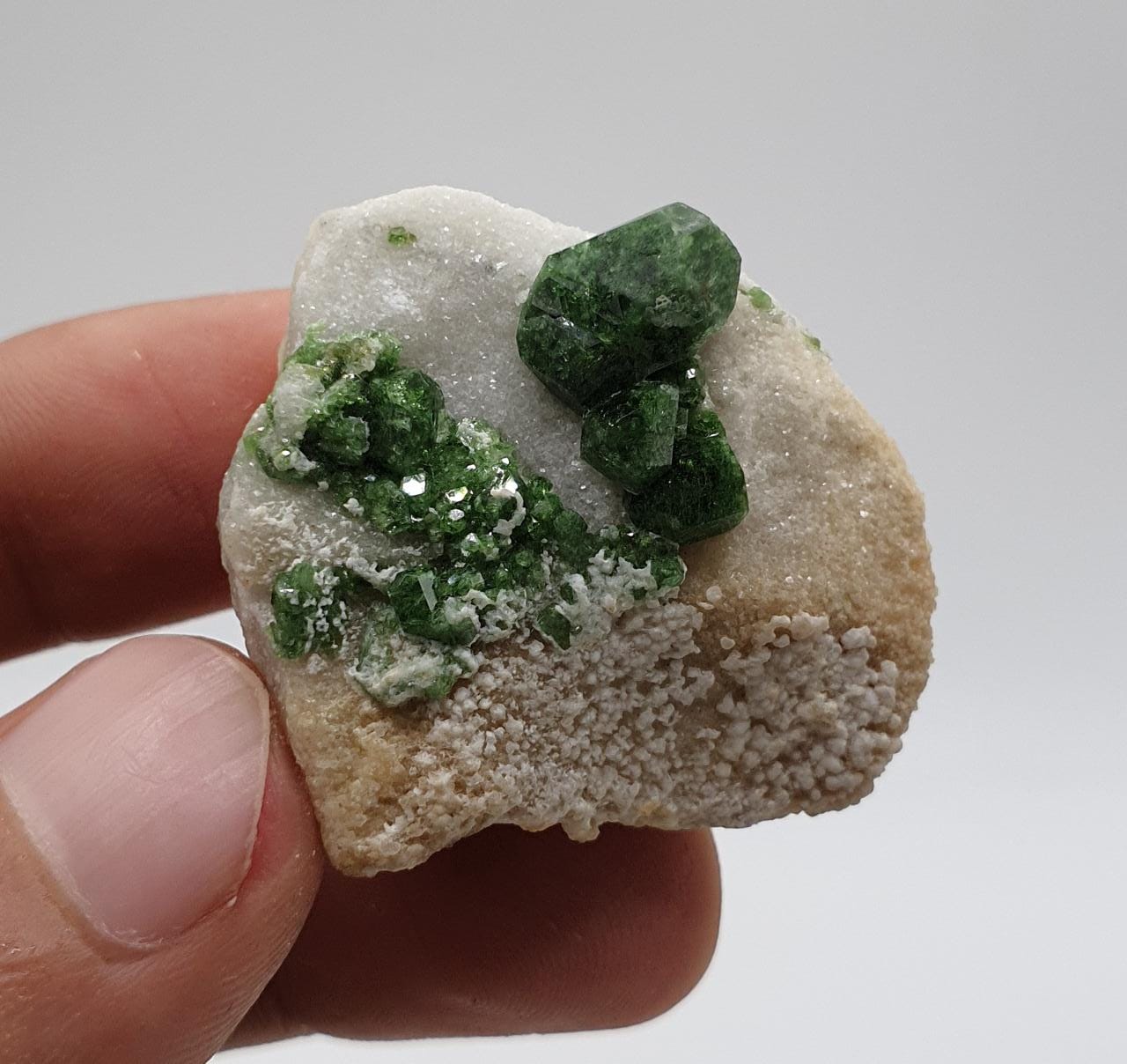 Stubby Rounded Terminated Uvite Crystals on Calcite