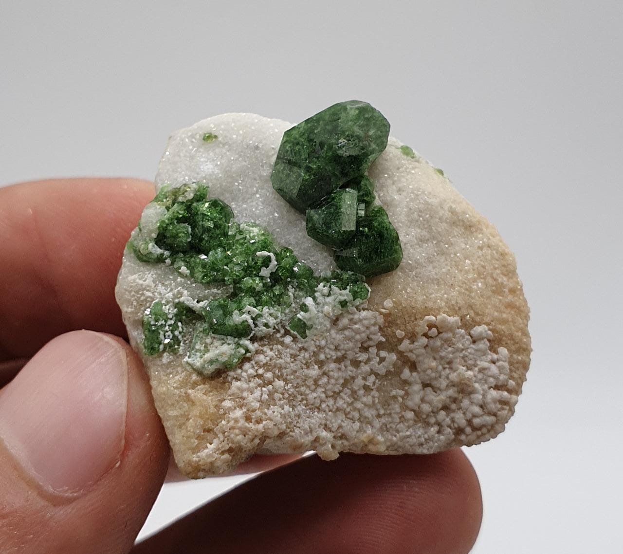 Stubby Rounded Terminated Uvite Crystals on Calcite