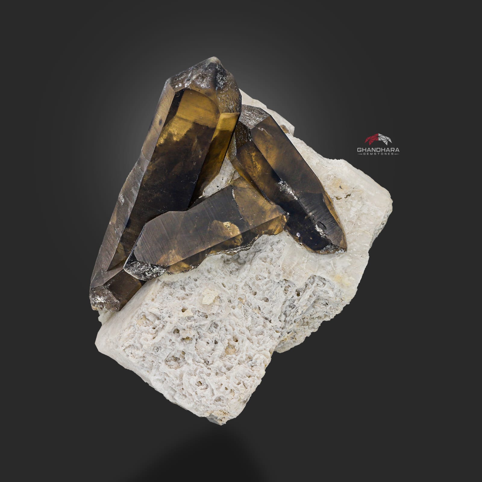 Saturated Smoky Quartz Crystals Shooting Out Of Albite Matrix