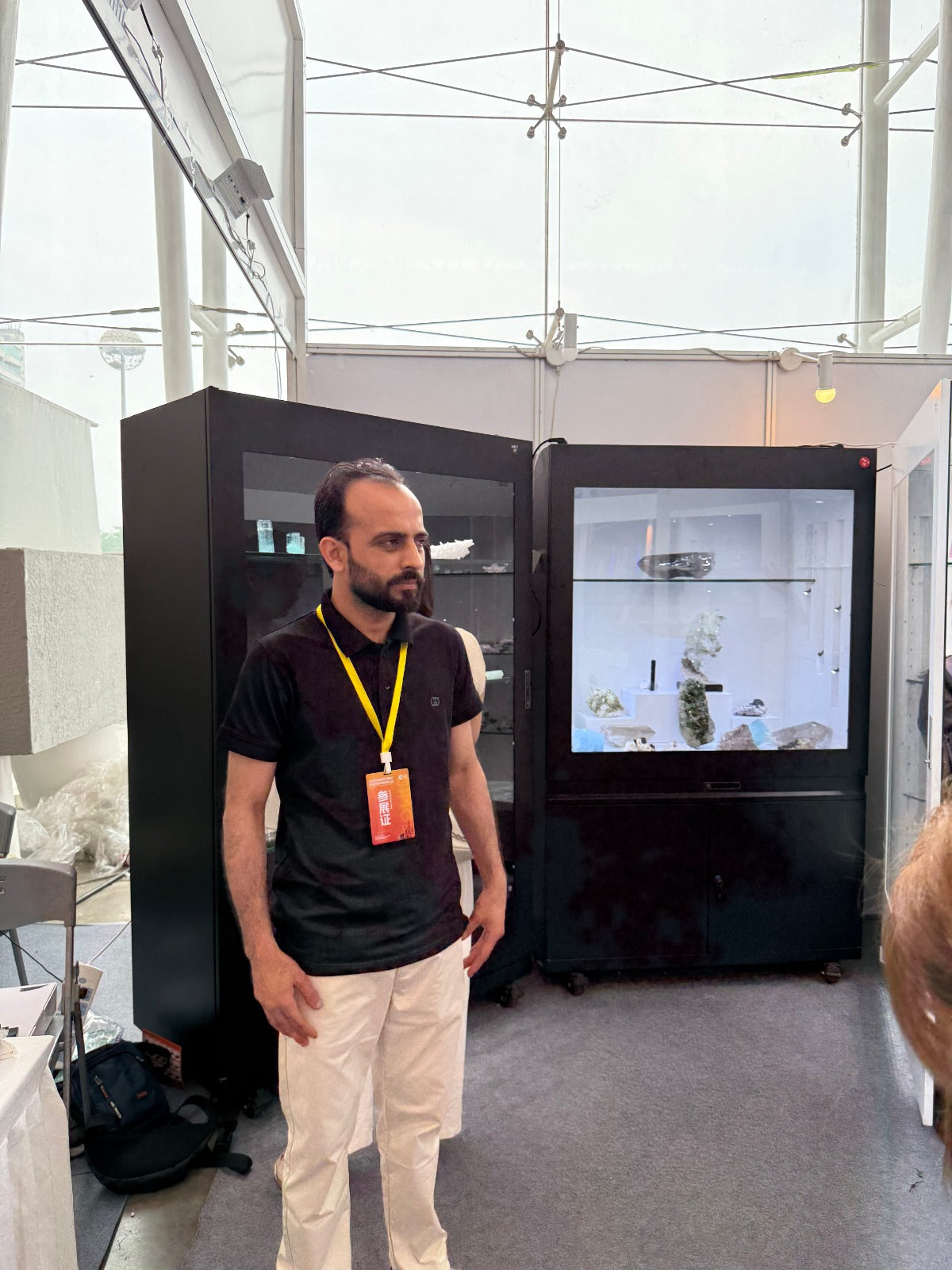 Man standing in front of minerails display 