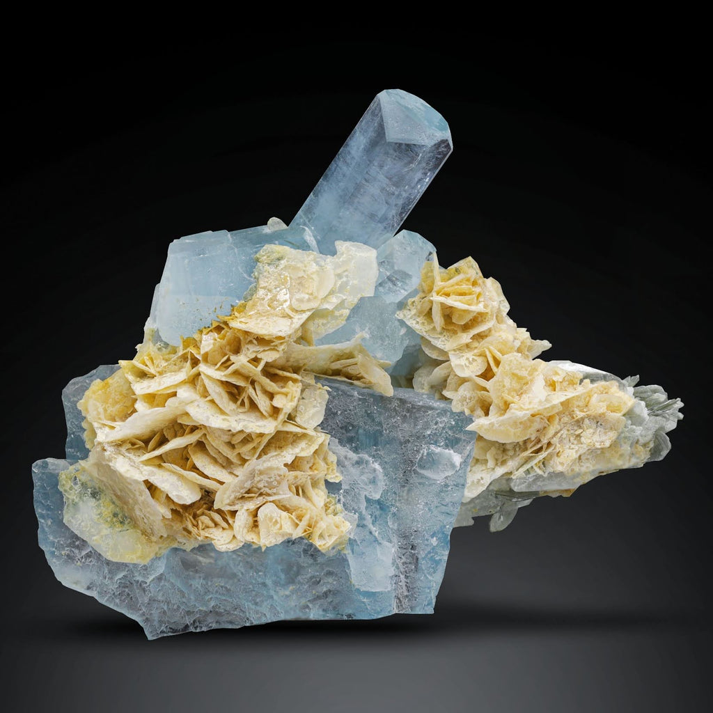 combination of Calcite flower on blue Aquamarine Crystals From Pakistan