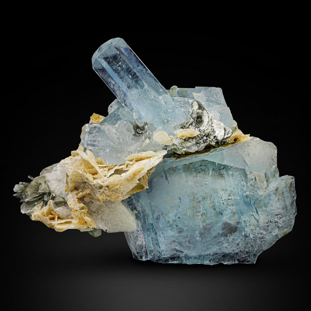 combination of Calcite flower on blue Aquamarine Crystals From Pakistan