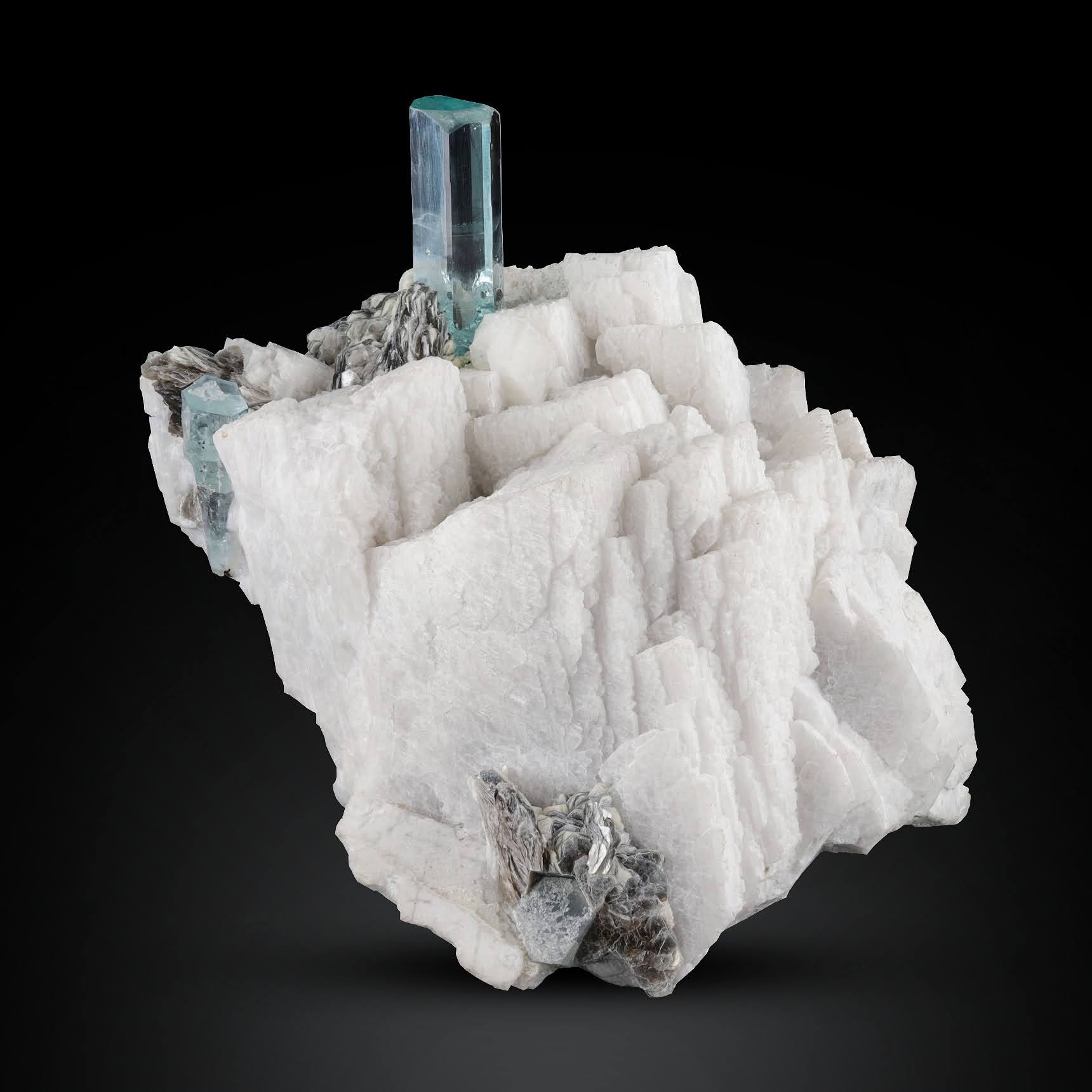 isolated gem Aquamarine crystal on Albite with Muscovite From Pakistan