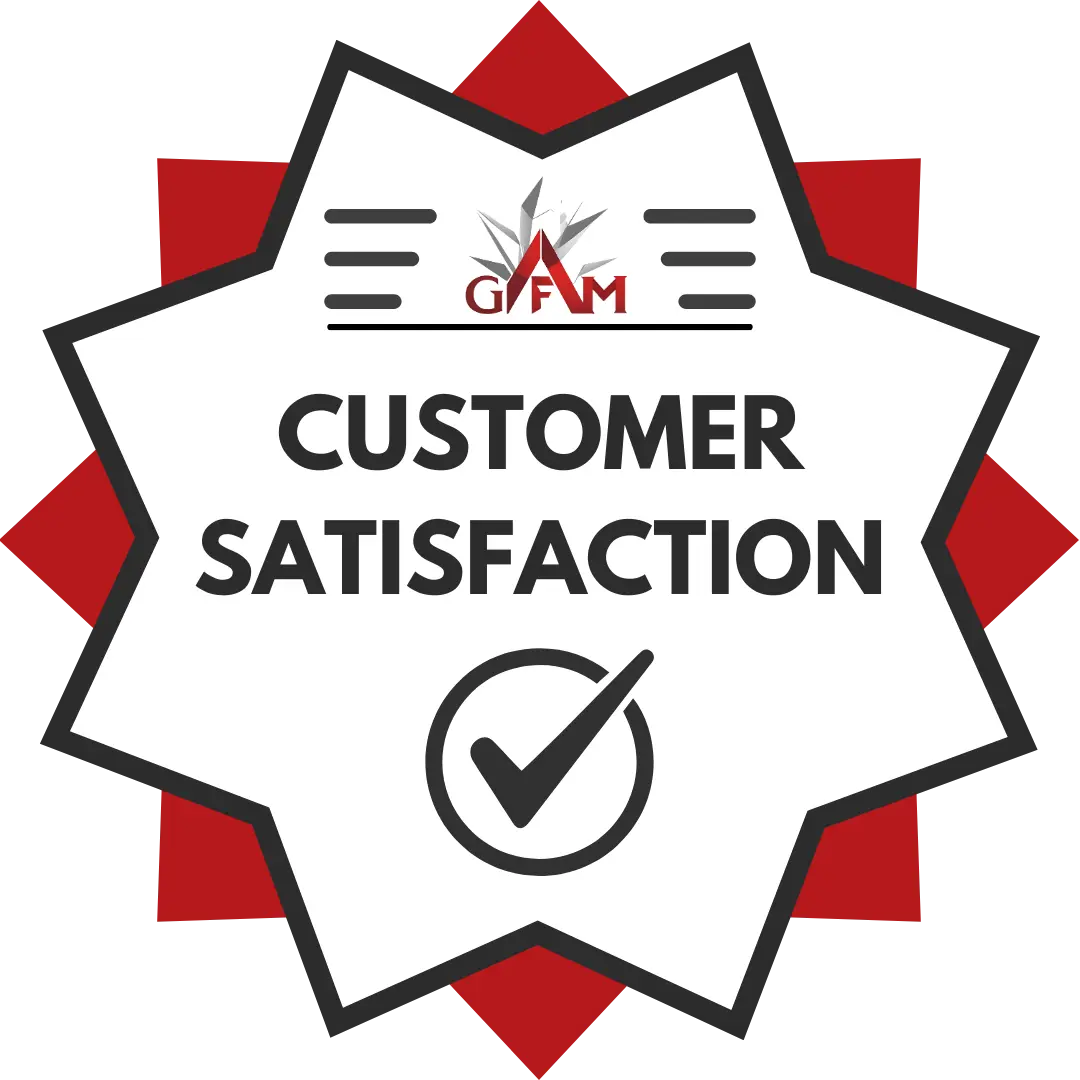 A Badge with Logo with 'GFM' at the top, 'Customer Satisfaction' text, and a check mark on a white background at Gandhara Fine Minerals