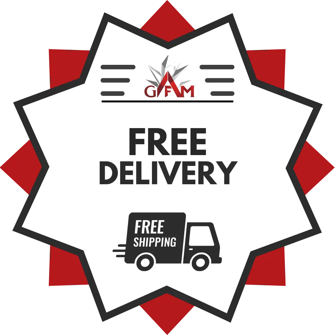 A Badge with Logo with 'GFM' at the top, 'Free delivery and free shipping ' text, and a check mark on a white background at Gandhara Fine Minerals