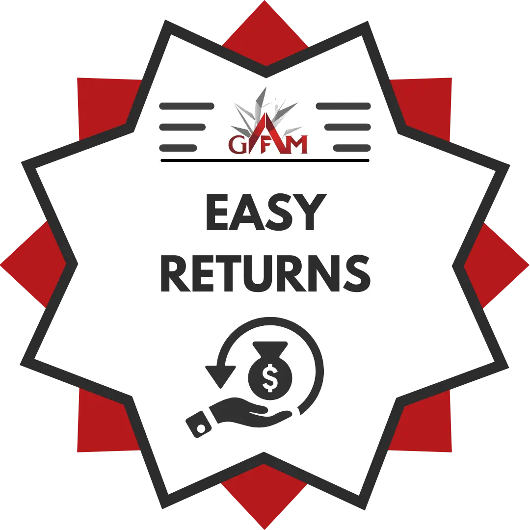 Logo with 'GFM' brand name, 'Easy Returns' text, and hand holding money icon on a white background at Gandhara Fine Minerals