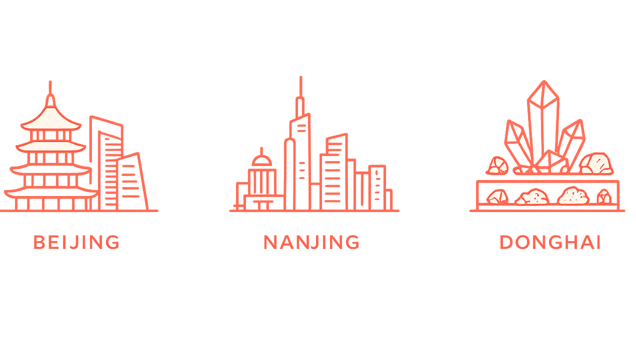 Illustrations of Beijing, Nanjing, and Donghai with corresponding names below on a white background.