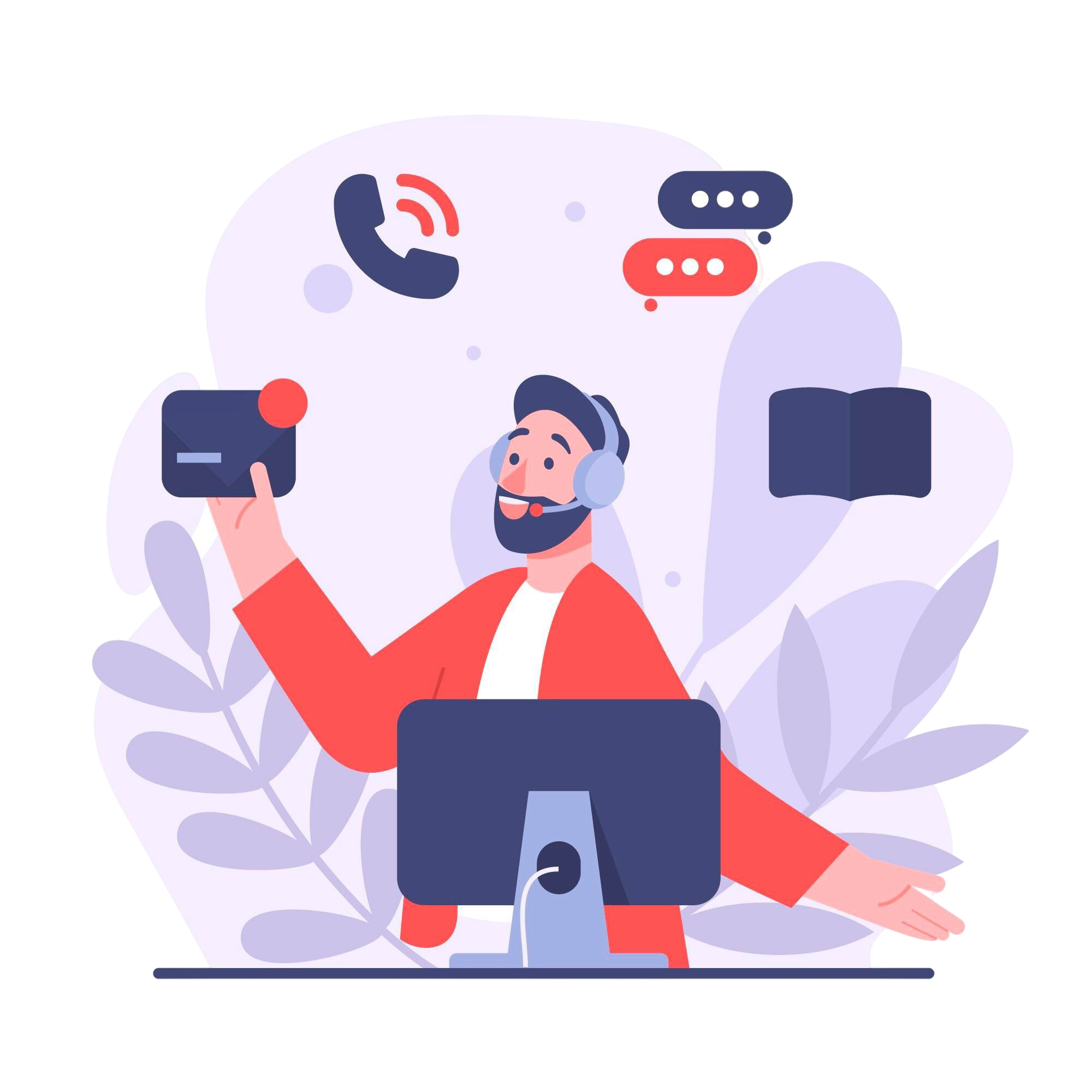 Illustration of a person with headphones using a computer, surrounded by communication icons at Gandhara Fine Minerals