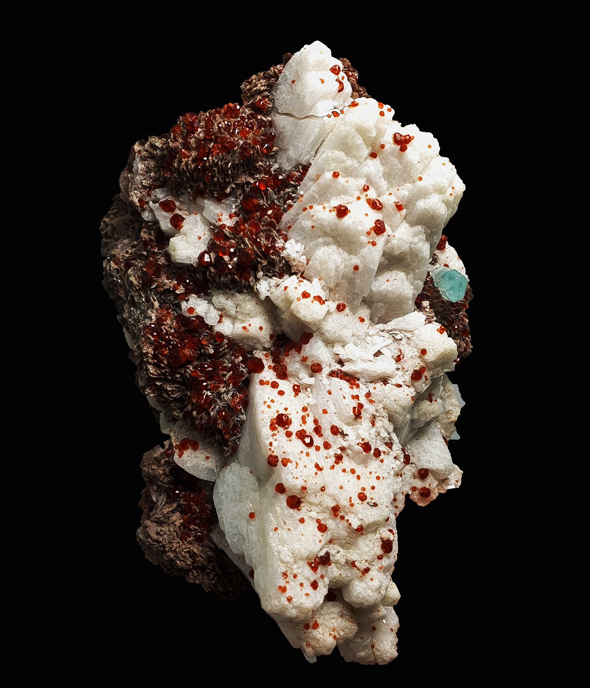 630 Gram Gorgeous Spray of Red Spessartine Garnet on white Albite