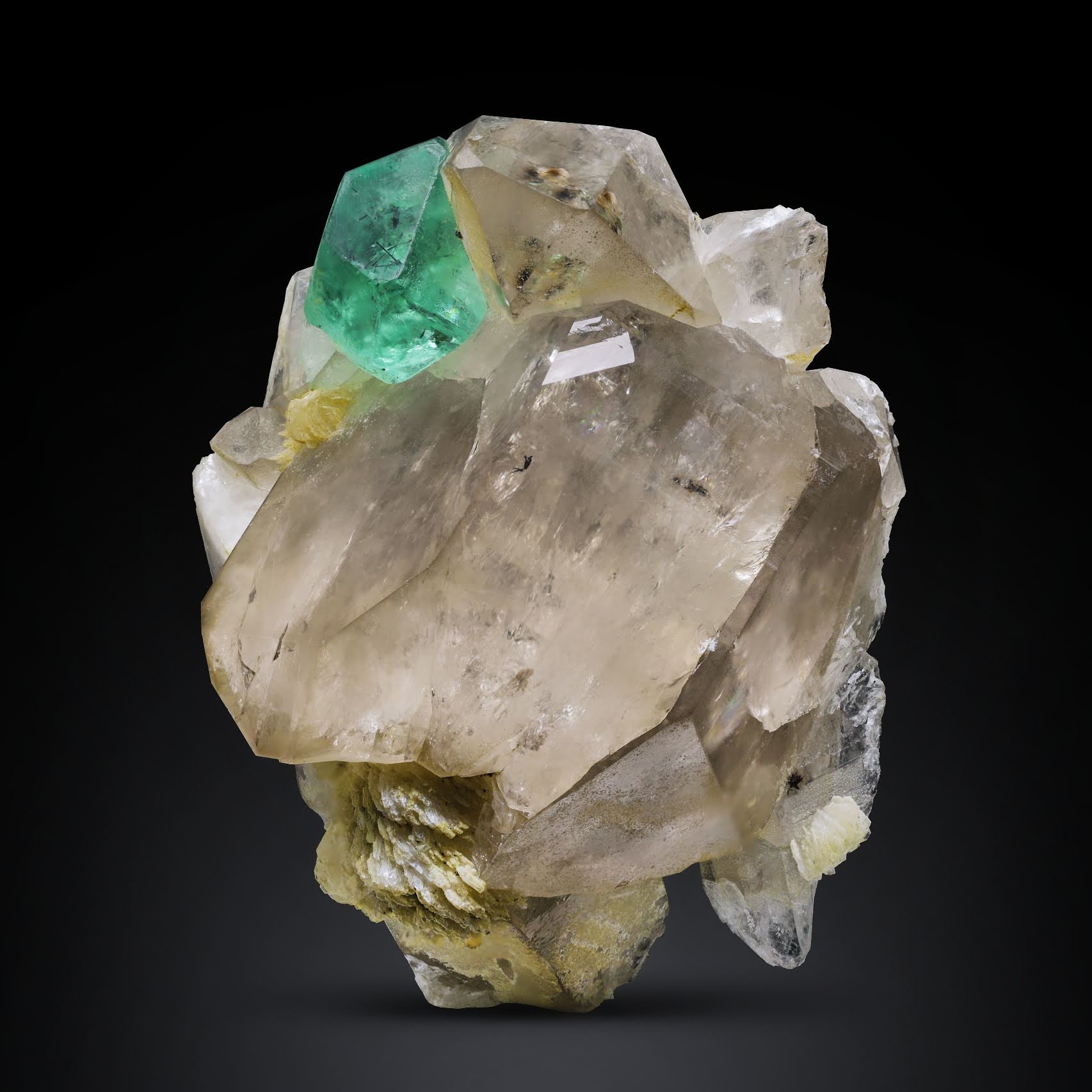 vibrant Green color Fluorite on Smoky Quartz crystals from Pakistan