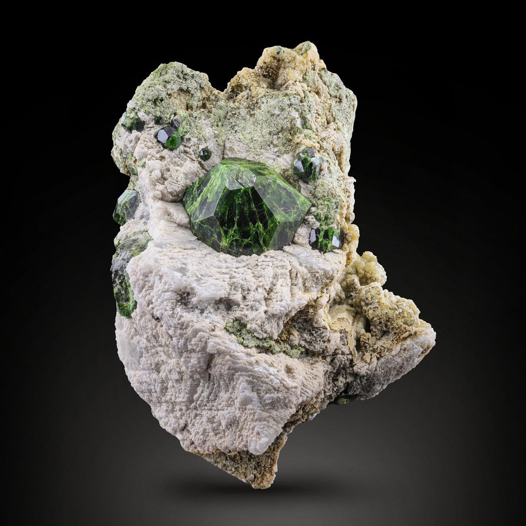 crystallography for lustrous Demantoid Green Garnet on Calcite from Iran