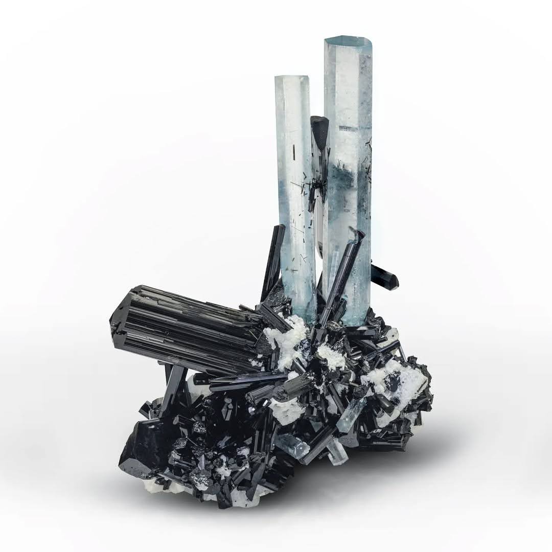 Specimen of Aquamarine Crystals on Schorl Black Tourmaline from Pakistan
