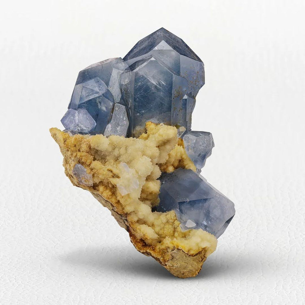 Cluster of Vibrant Blue Celestite Crystals on Calcite from Afghanistan