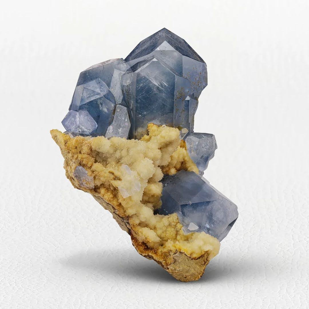 Cluster of Vibrant Blue Celestite Crystals on Calcite from Afghanistan