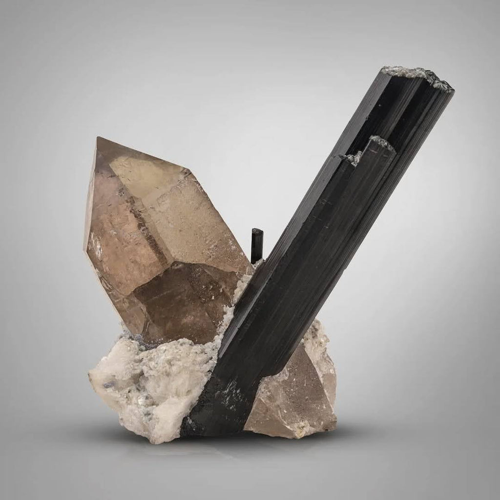 Specimen of Black Tourmaline Crystal on Smoky Quartz from Pakistan