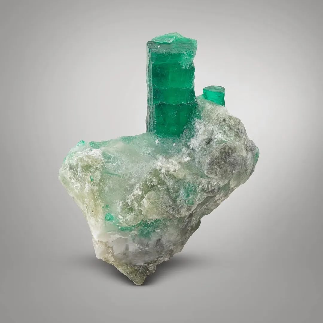 Free Standing Green Emerald Crystals on Calcite Matrix from Pakistan