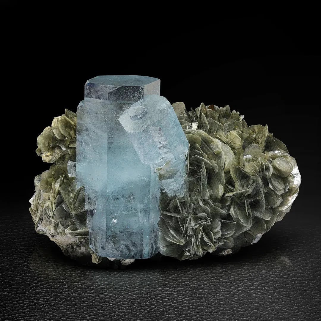 Double terminated Focal Aquamarine Crystals on Muscovite from Pakistan