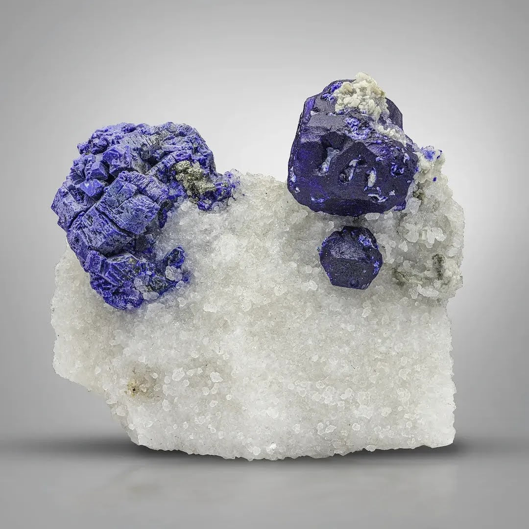 Blue Isolated Lazurite Crystals on Calcite with Pyrite from Afghanistan
